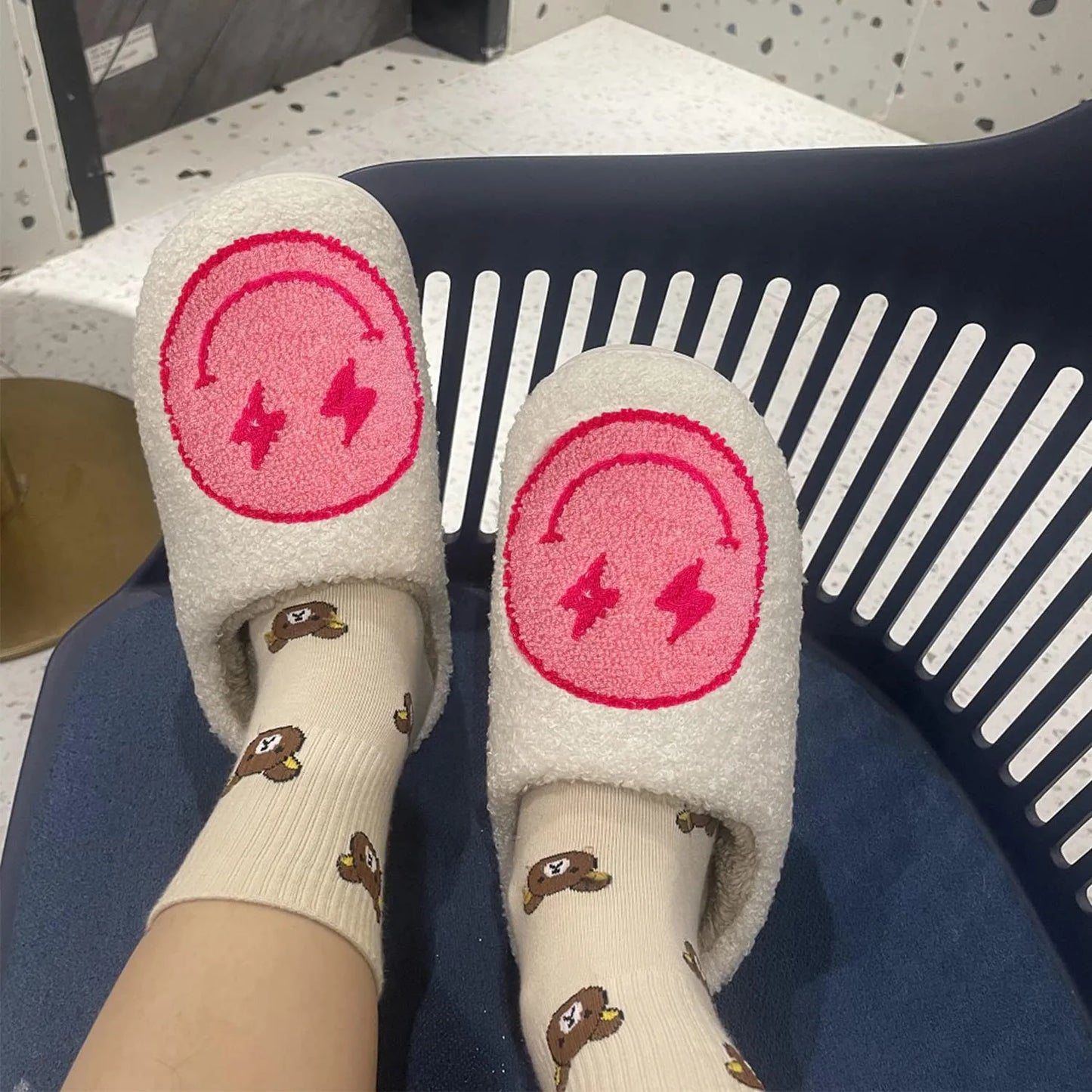 Clearance_Women Super Cute Lightning Smile Face Slippers House Funny Ladies Casual Footwear Winter Shoes Fluffy Slides for Home_