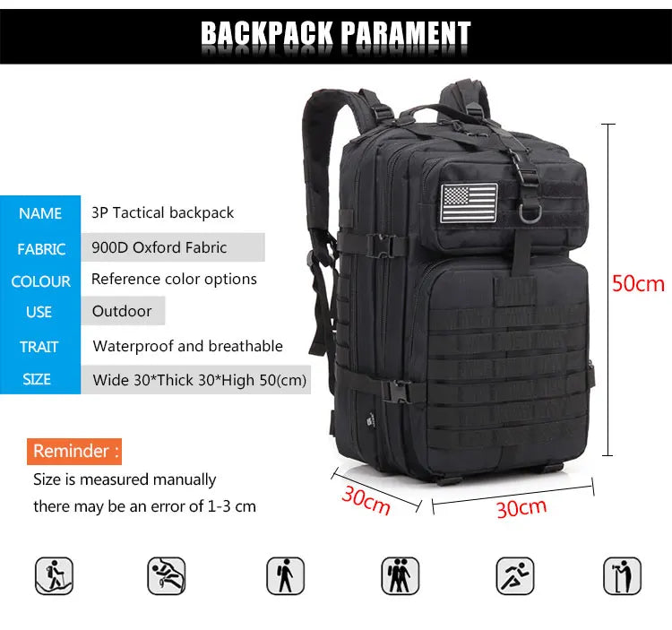 Multi-Functional Tactical Backpack – 50L / 35L / 25L | Waterproof & Large Capacity