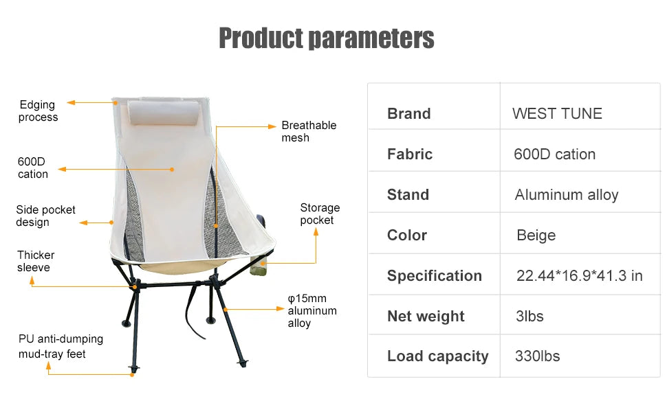 WESTTUNE Portable Folding Camping Chair with a headrest and aluminum alloy frame