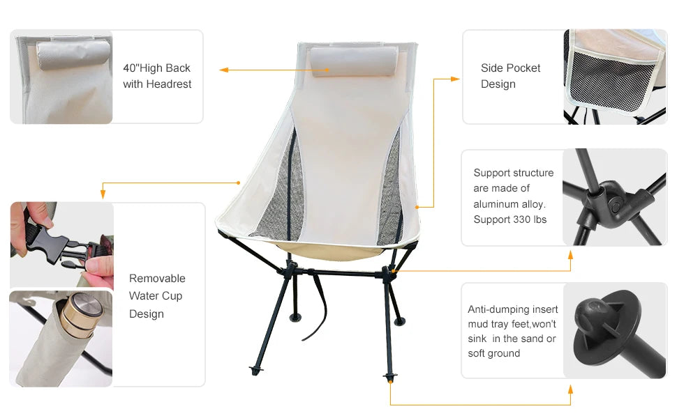 WESTTUNE Portable Folding Camping Chair with a headrest and aluminum alloy frame